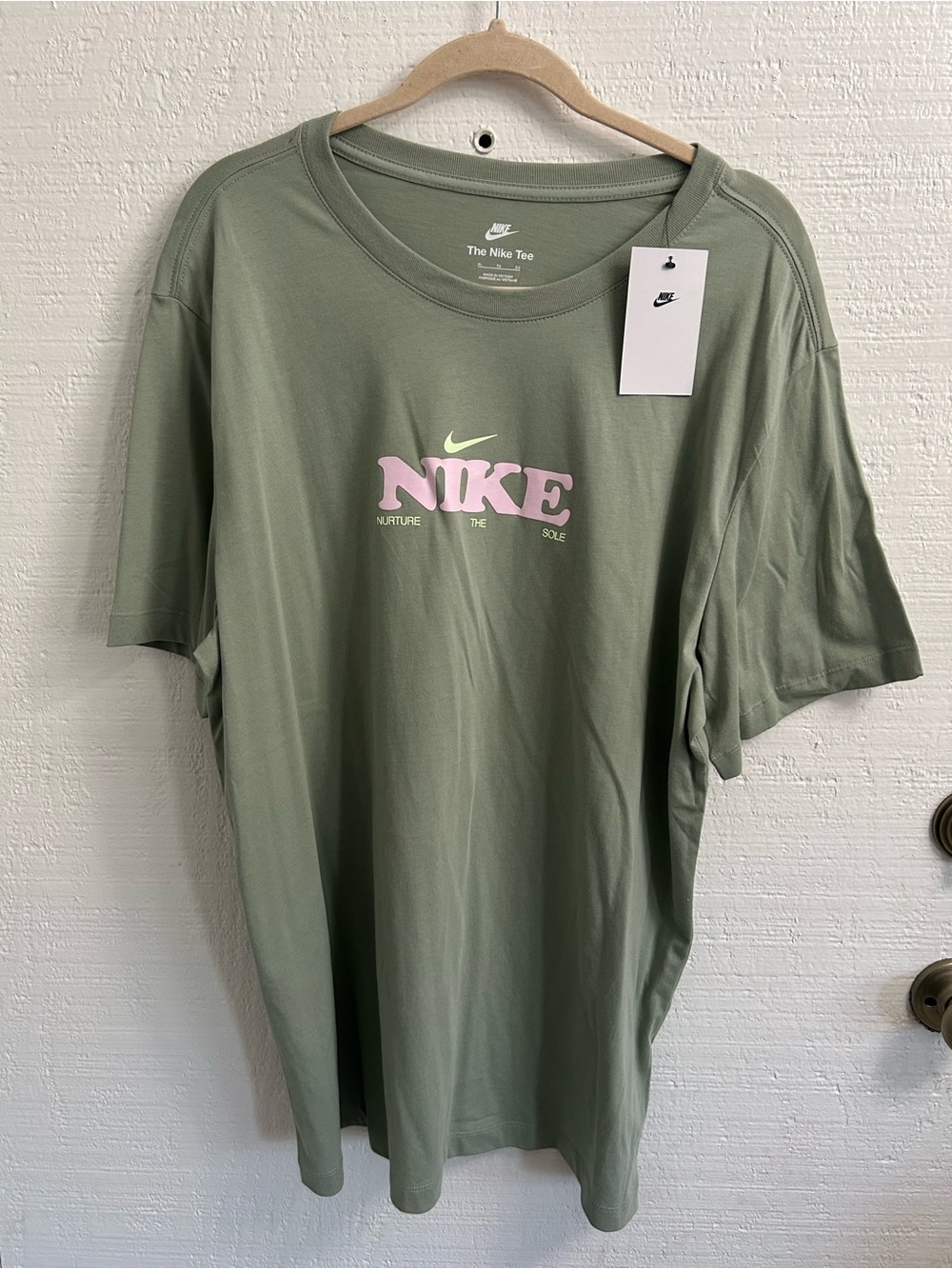 Nike Olive Green Short Sleeve Tee with Pink Logo